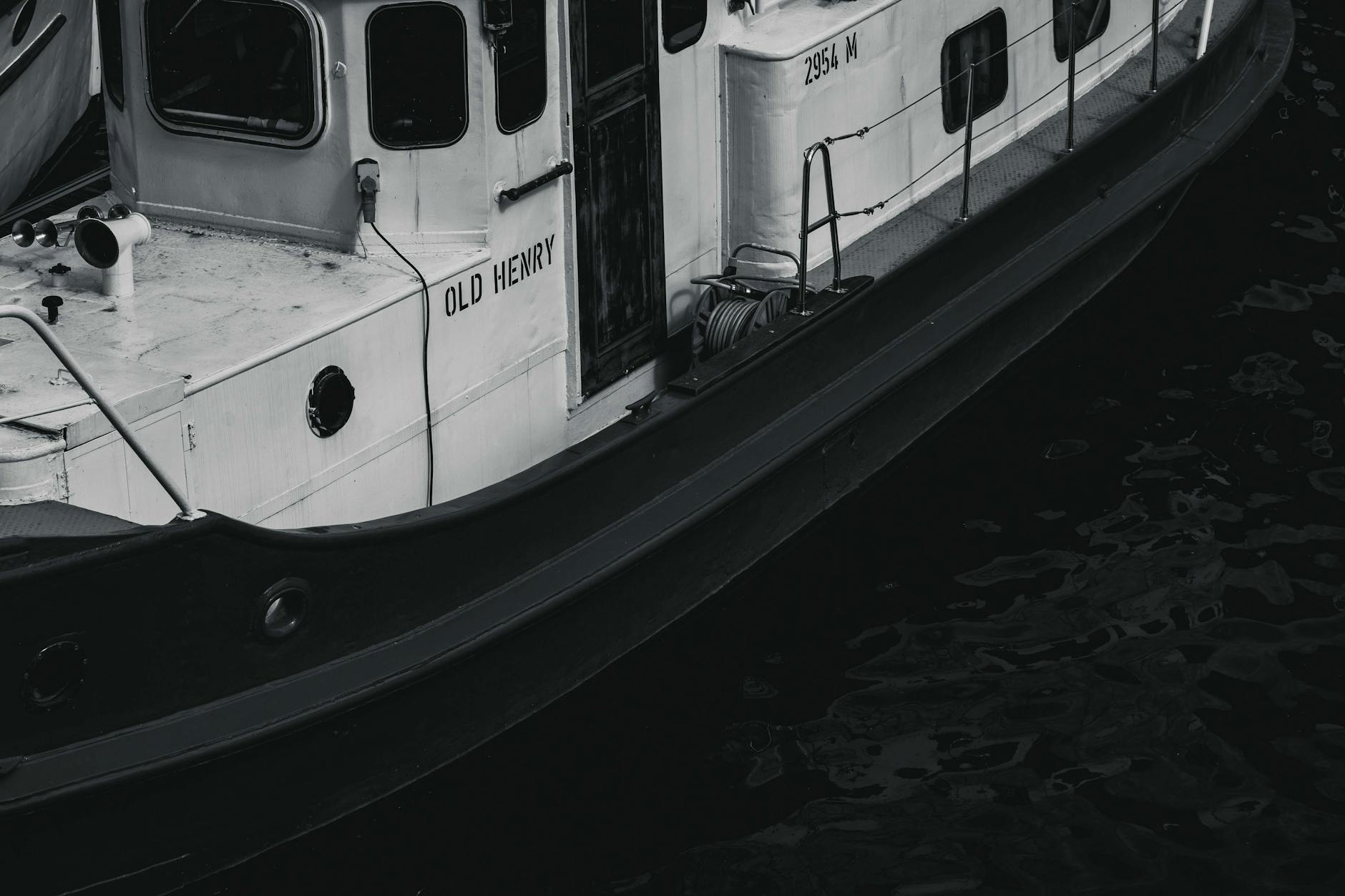 black and white close up of vintage boat