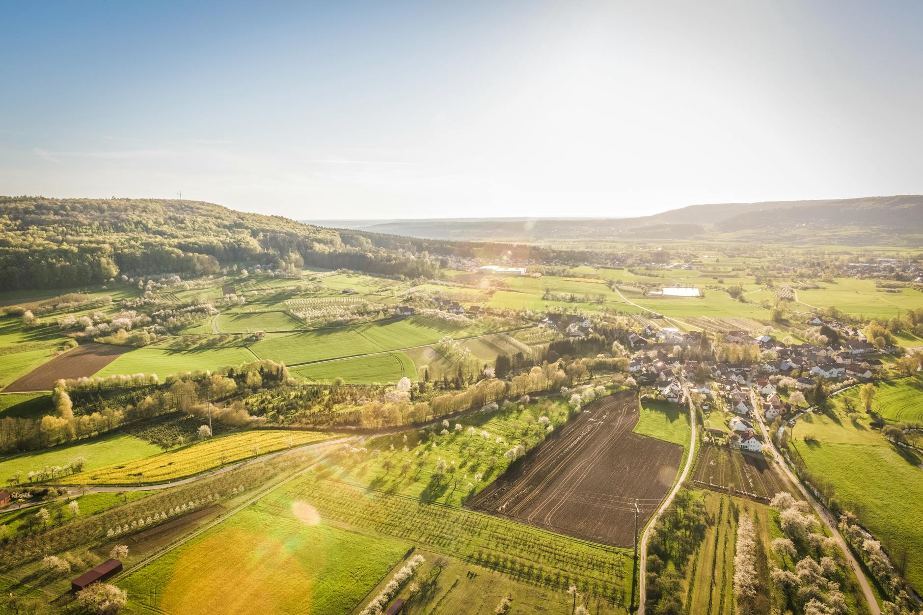 bird s eye view landscape village sunshine