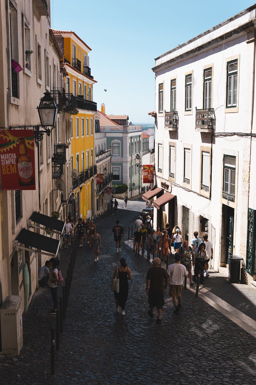 colorful street scene in lisbon portugal