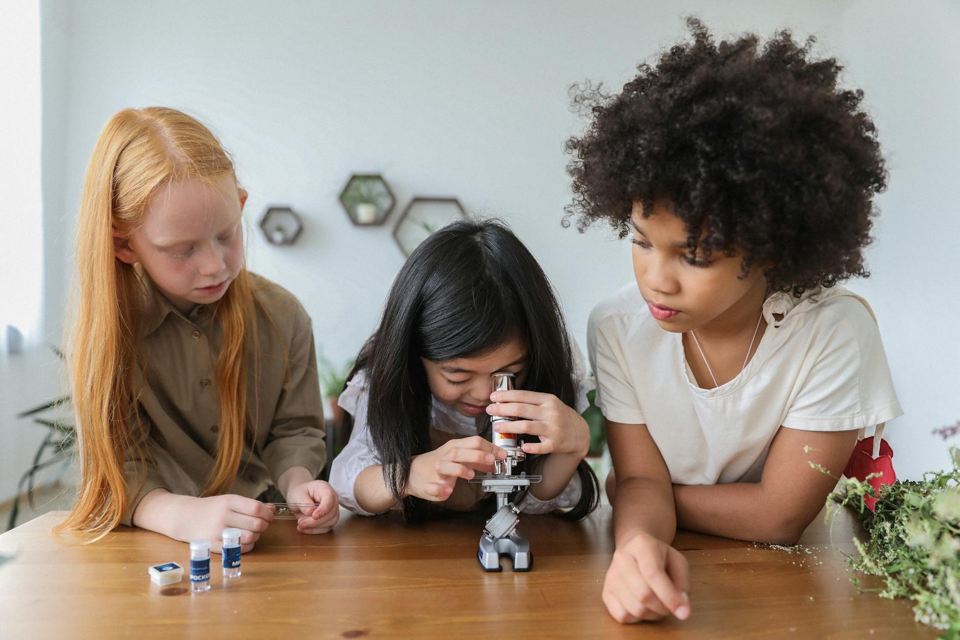 focused little girls with microscope in room