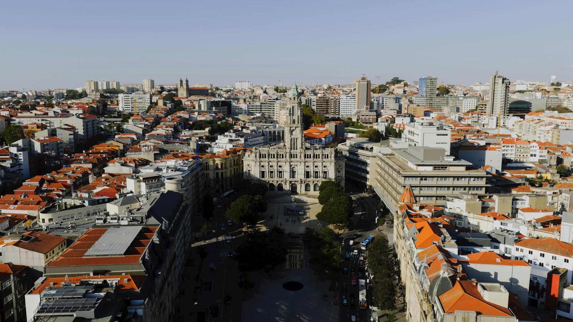 scenic drone view of porto city hall and skyline