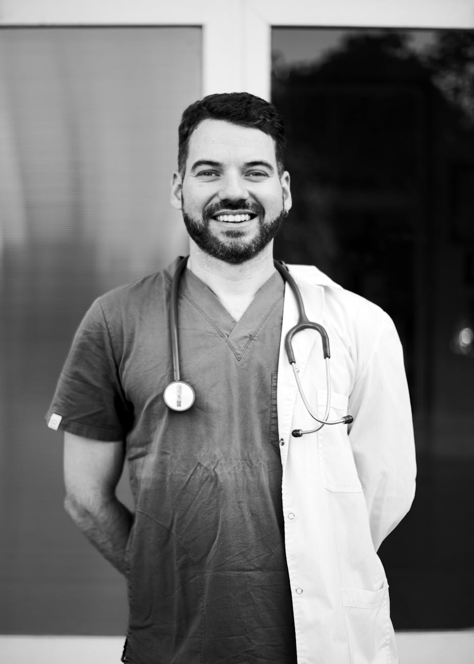 smiling doctor in monochrome portrait