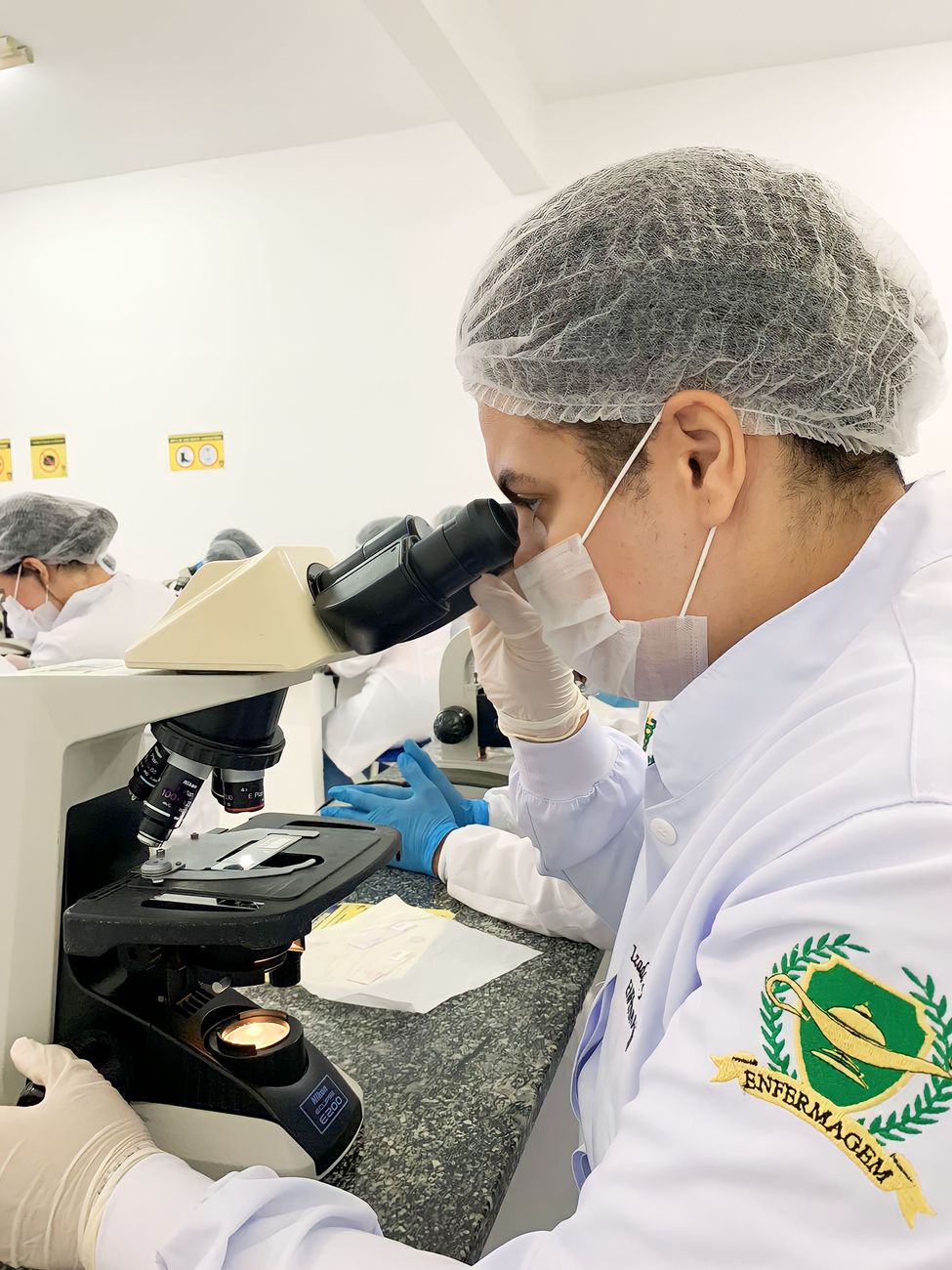person looking in microscope