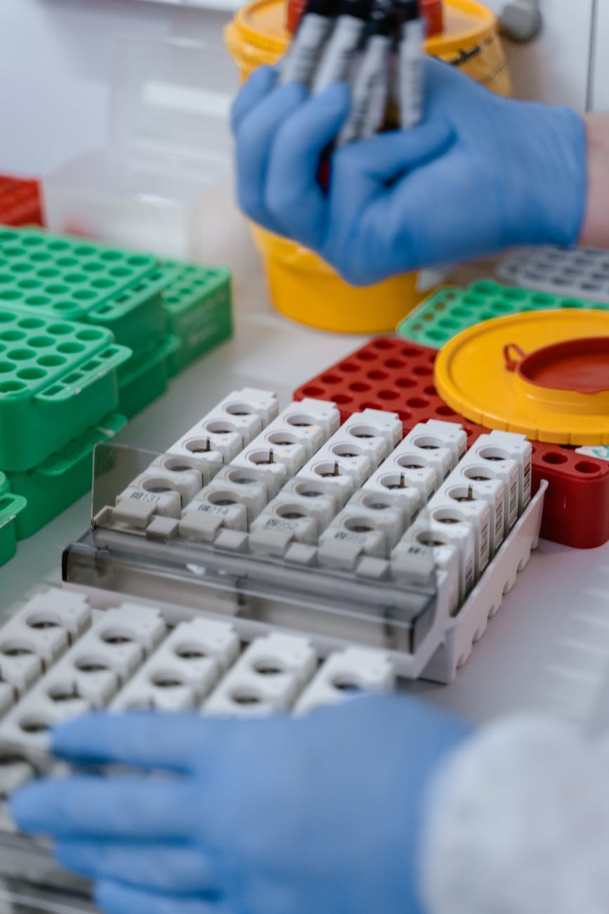 person holding test tubes and tube racks